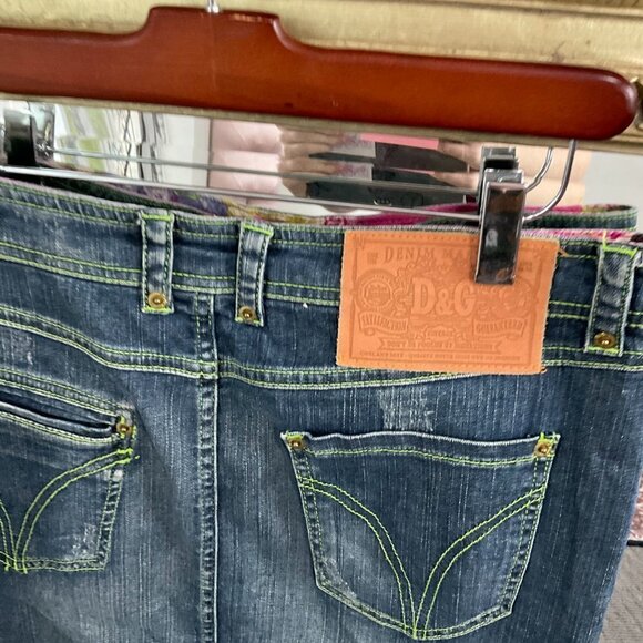 Y2k Dolce & Gabbana Denim Jean Skirt Front Zipper Neon Stitching Size 30 Blue - Picture 5 of 5